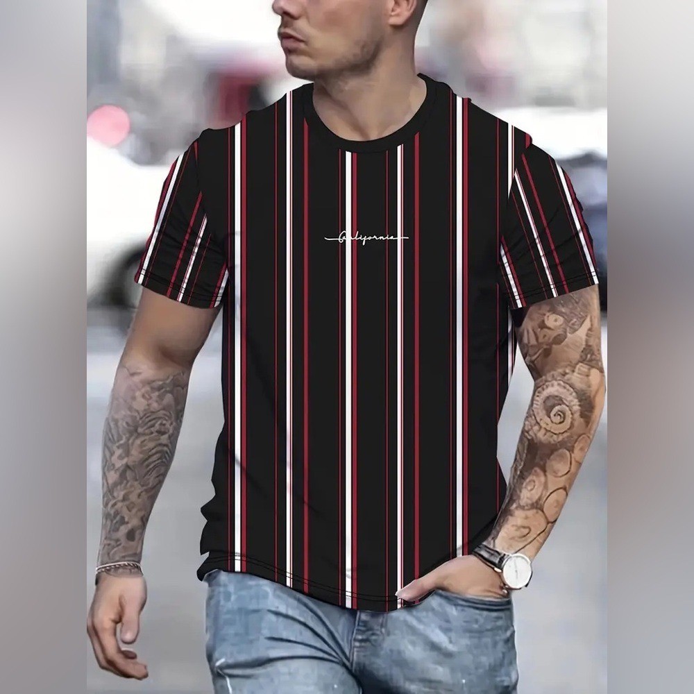 (B4) SHEIN Manfinity Homme Vertical Striped T-Shirt Black Red White 3XL Plus