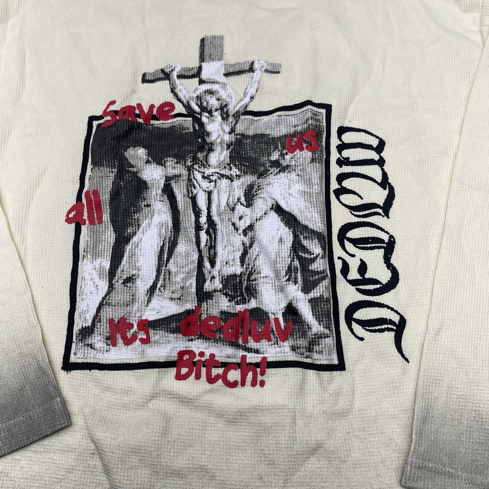 Dedluv Studio Ivory Save Us Long Sleeve Distressed Thermal T Shirt Mens Size L gallery