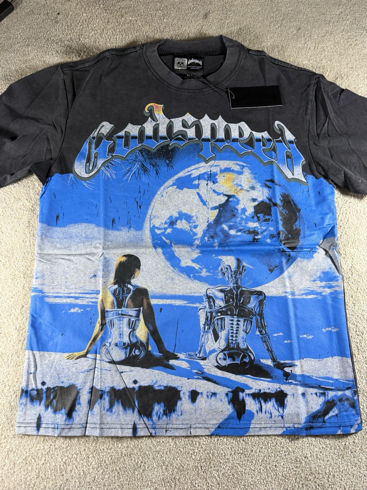Godspeed Skeleton on Moon Graphic Print Men's T-Shirt Black MEDIUM 100% Cotton gallery