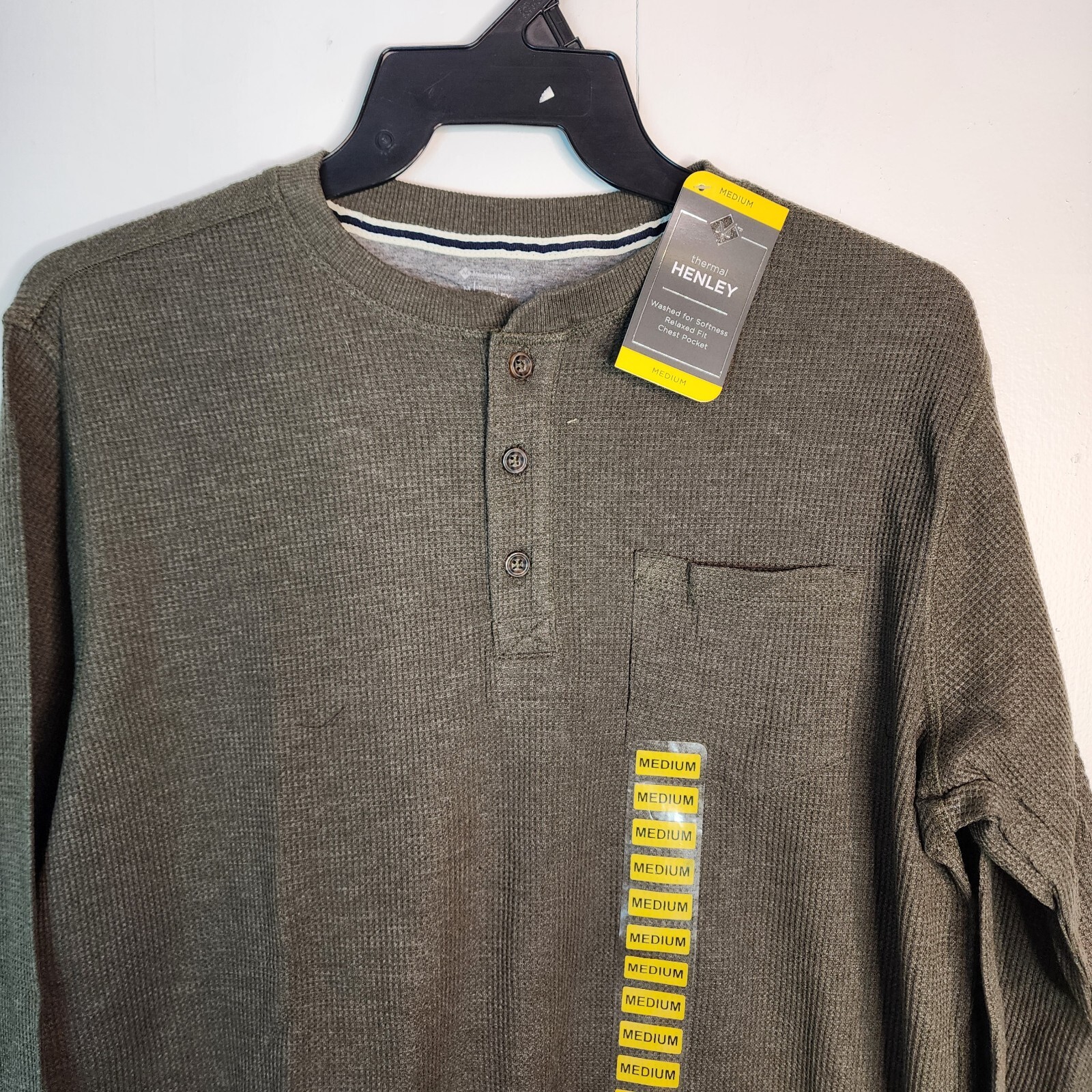 Members Mark Mens Thermal Henley Shirt Olive Green Waffle Knit Long Sleeve Med gallery