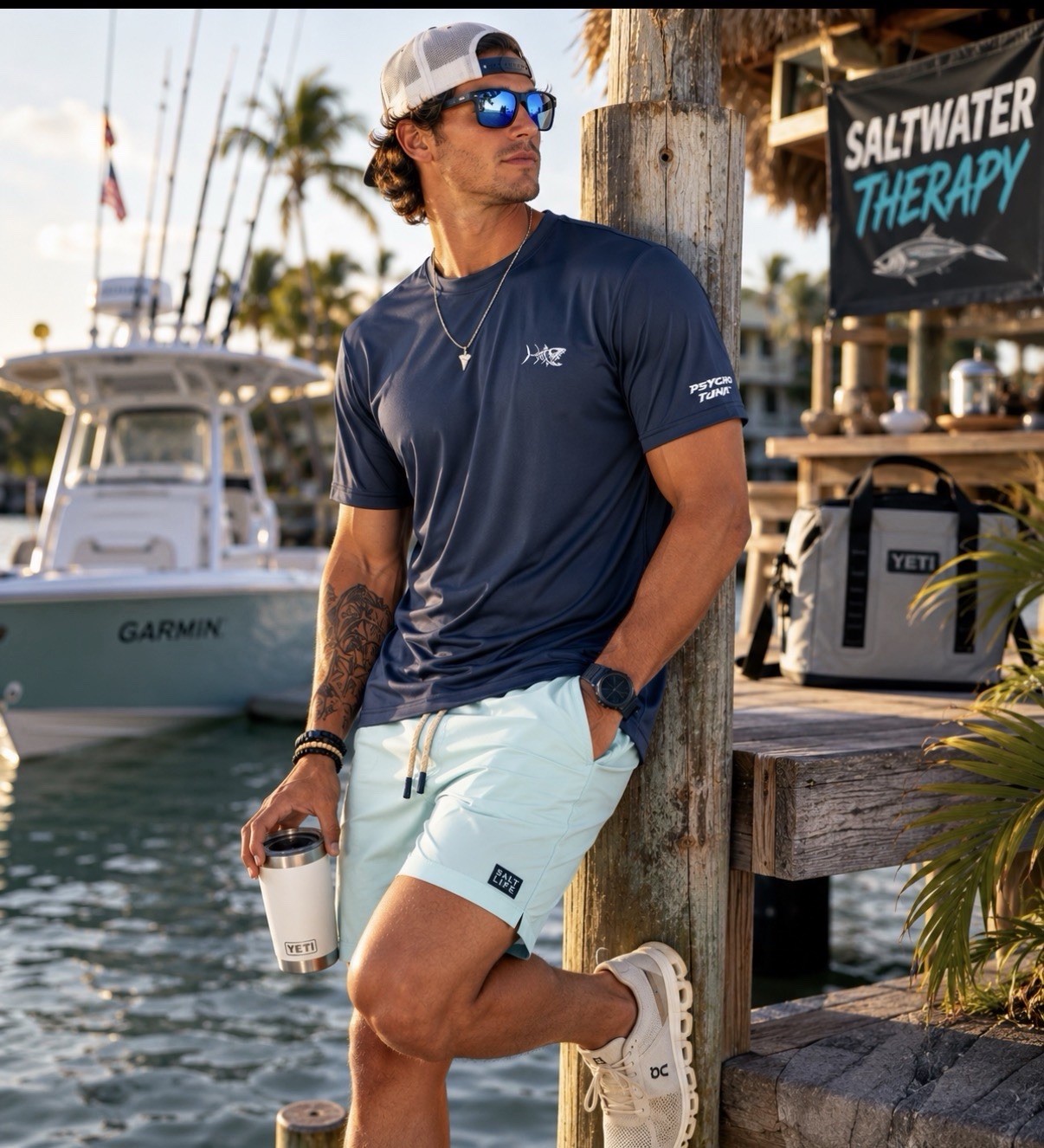 NWT Psycho Tuna UPF 50 Fishing Perform Tee Mens L Navy Quick Dry Salt life Surf gallery