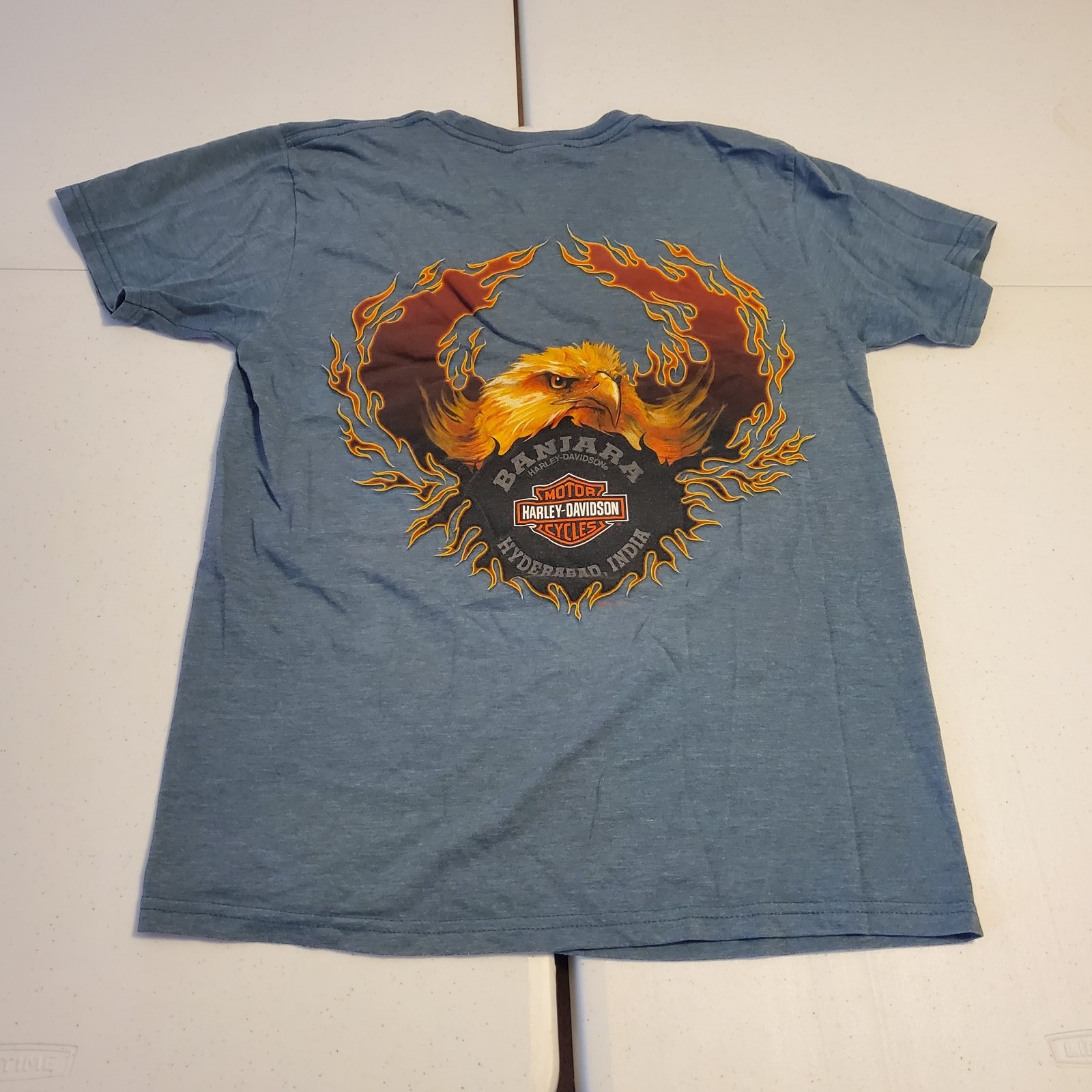 Harley-Davidson Hyderabad India Eagle Flame Wings T-Shirt Men's Medium Blue Y2K gallery
