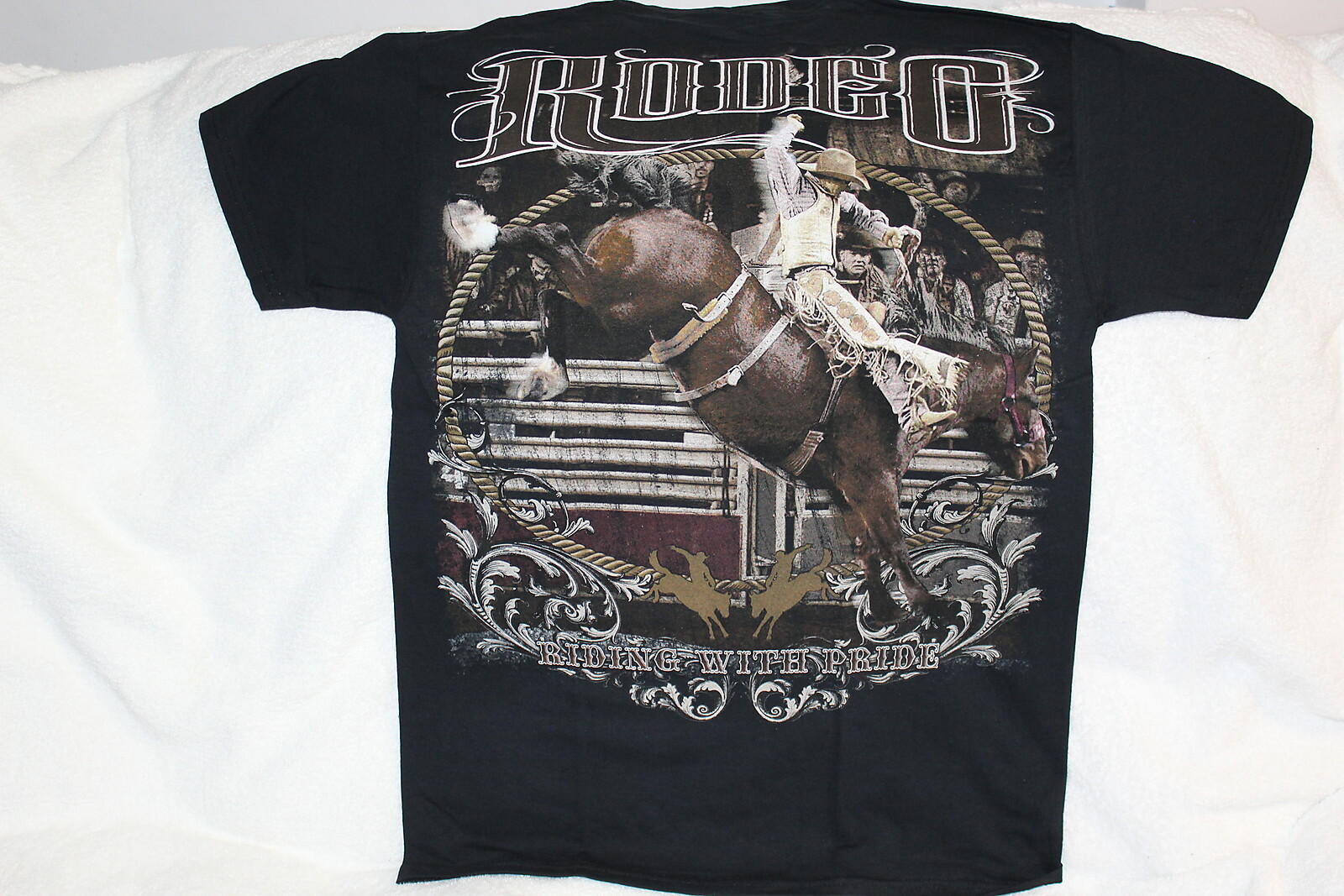 RODEO COWBOY RIDING BUCKING HORSE BRONCO RIDING WITH PRIDE T-SHIRT SHIRT gallery