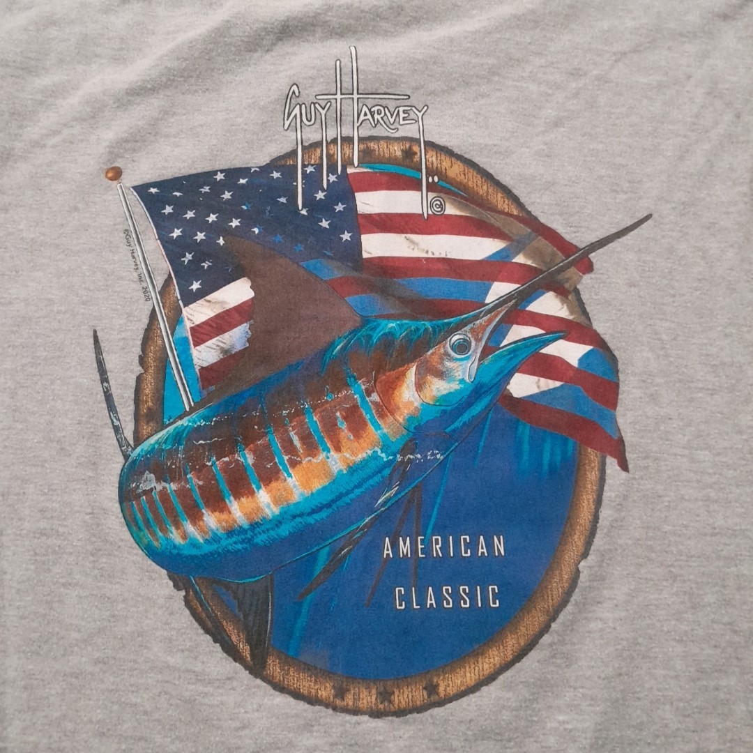 Guy Harvey T Shirt Mens L Gray Pocket Marlin Flag American Classic Fishing Art gallery