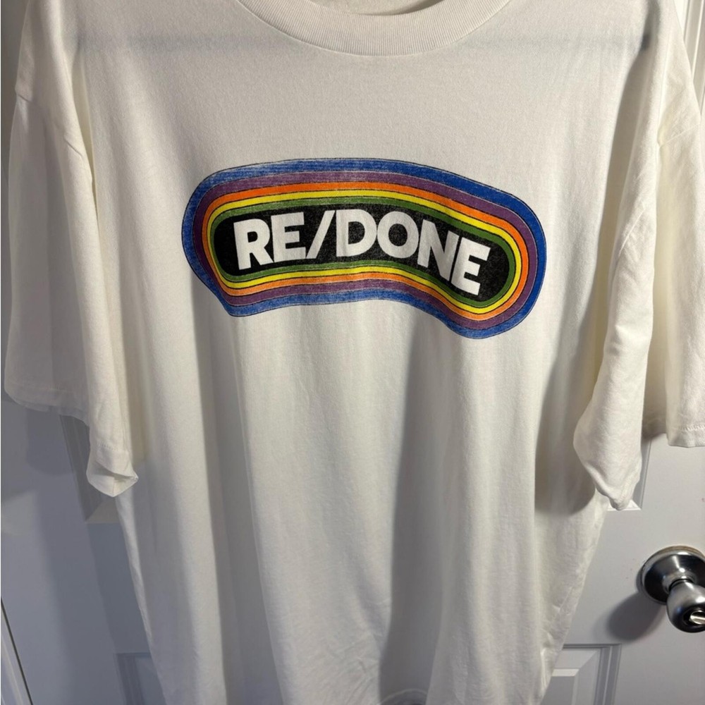 $165 RE/DONE Old White Rainbow Loose Cotton Tee T-Shirt USA Mens Size XL