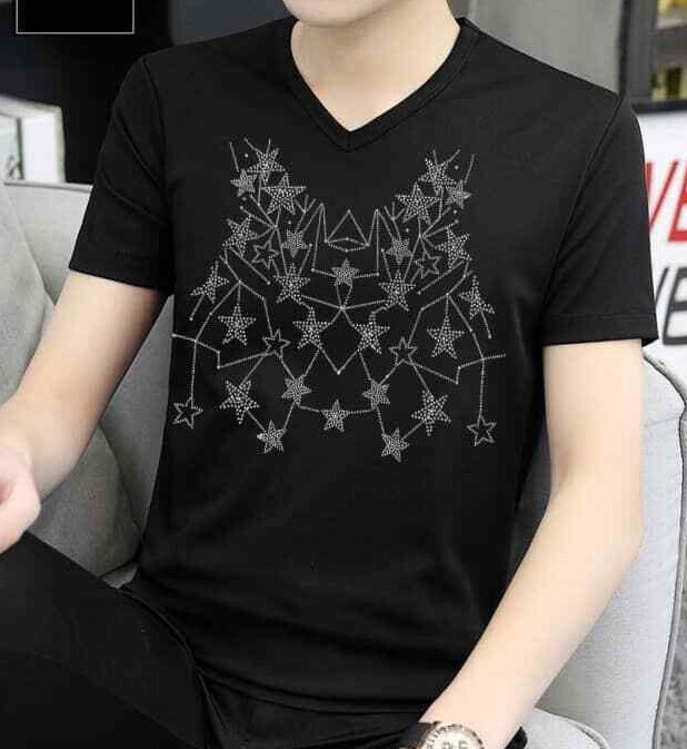 New Men Luxury V-Neck Diamond Star Rhinestones Fashion Black T-Shirt