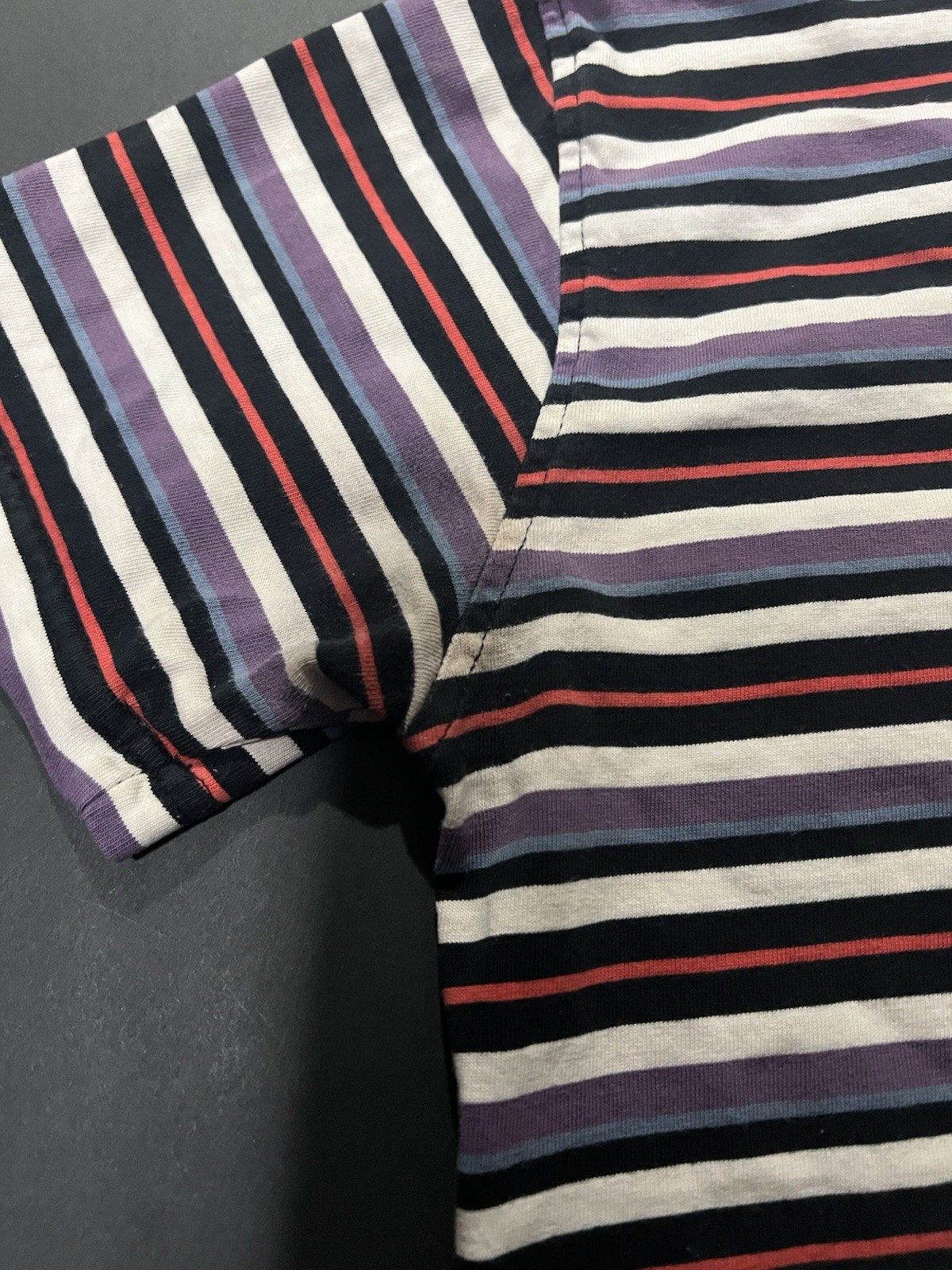 Welcome Skateboards multicoloured striped tee Size S armpit stains #skateboard gallery