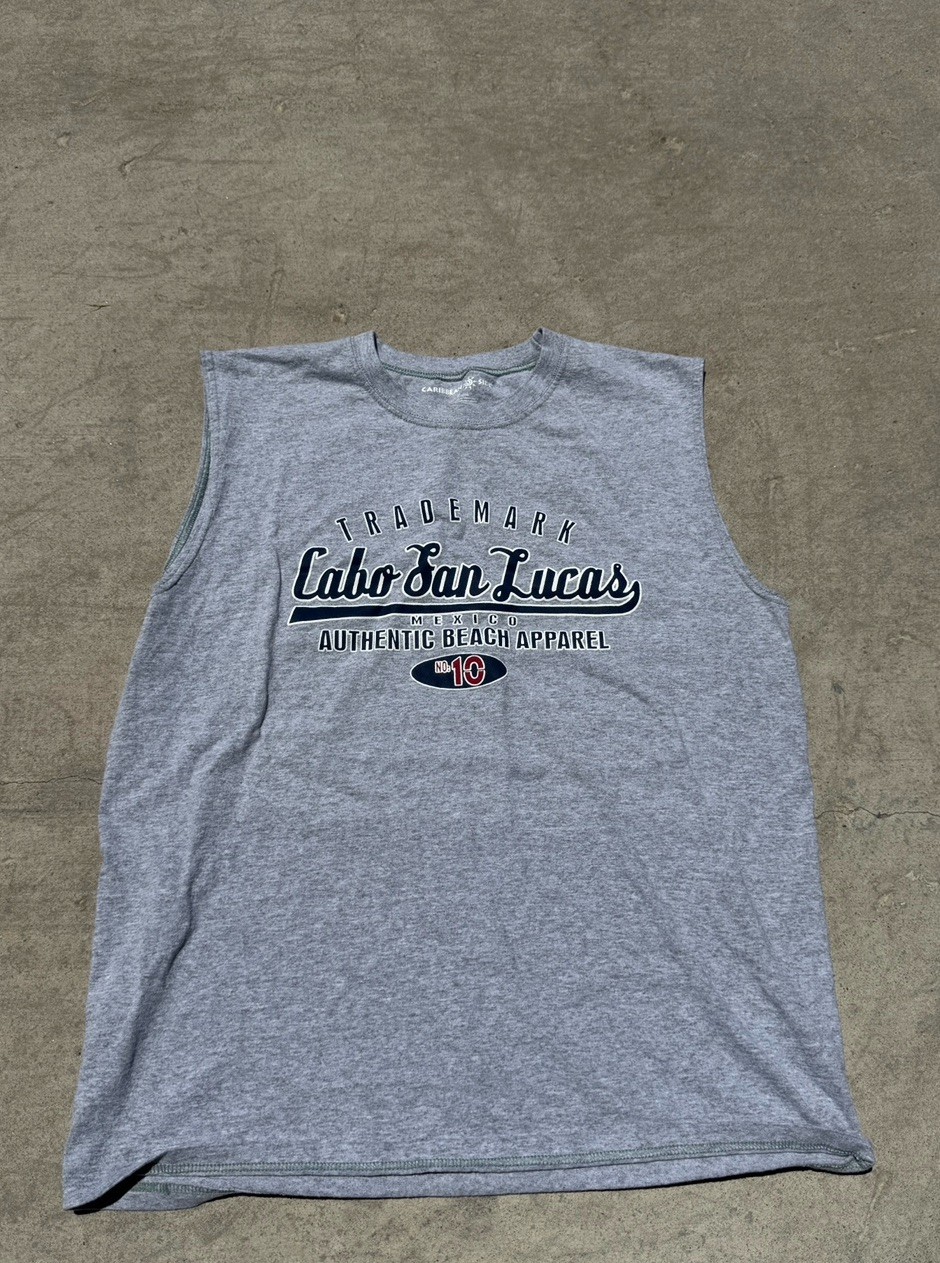 Caribbean Side Men’s Gray Cotton Knit Sleeveless Cabo San Lucas Logo T-Shirt L