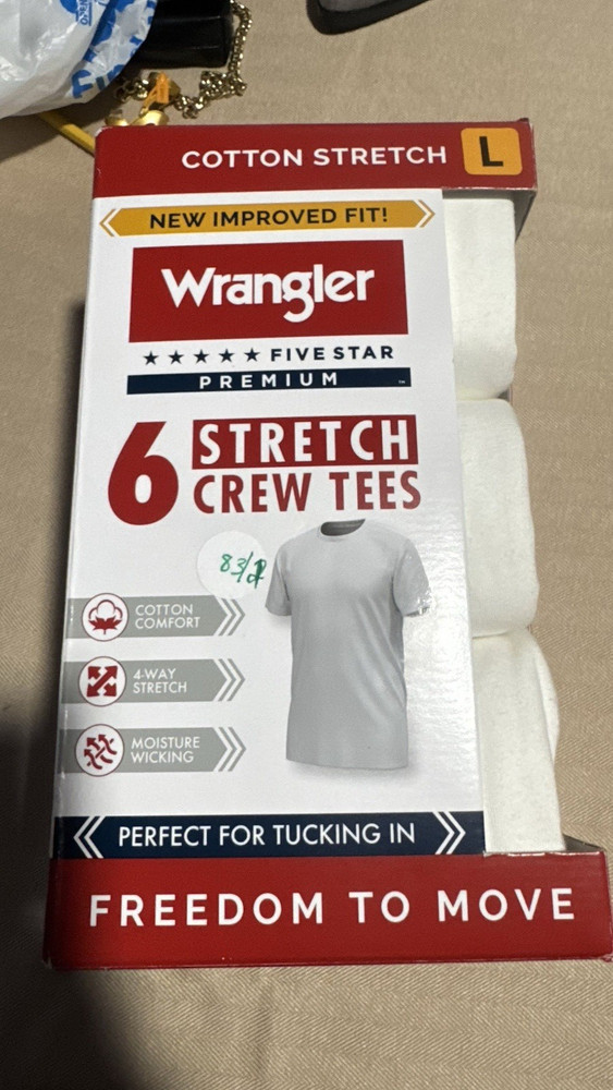Wrangler Men’s White Five Star Tagless Stretch Crew Neck T-Shirt 6 Pack L
