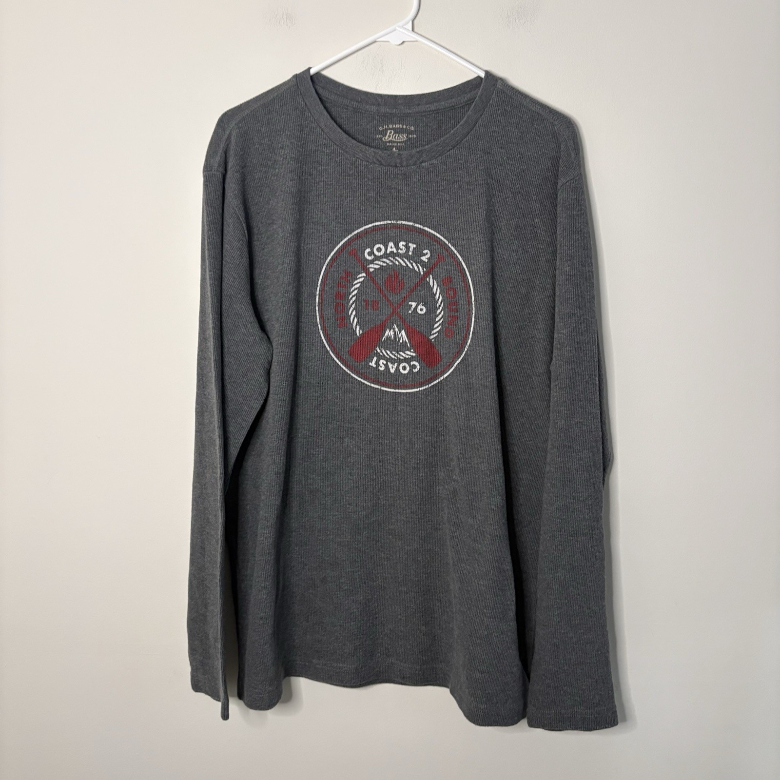 Bass & Co Men’s Large Grey Long Sleeve Thermal Top Coastal Nautical J6
