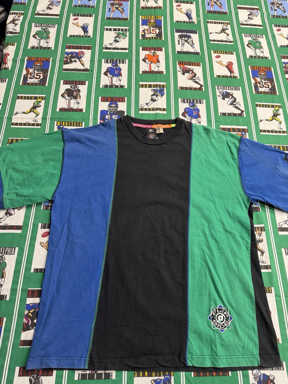 90s Starter Flip Side Colorblock Black Blue Green XL Crew Neck Logo T-Shirt