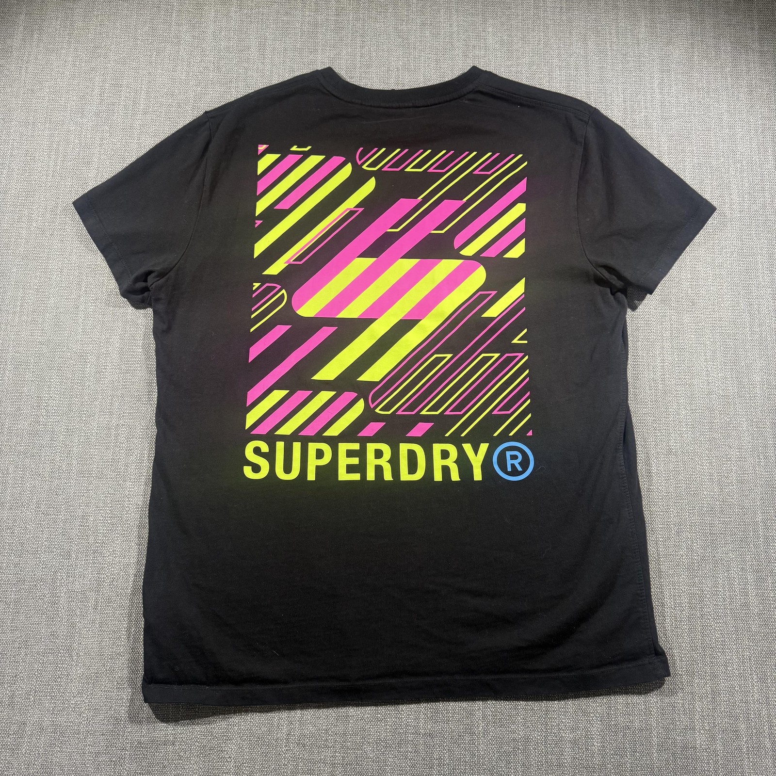 Superdry Shirt Mens Large Black Neon Stripe Logo Graphic Tee Back Print gallery