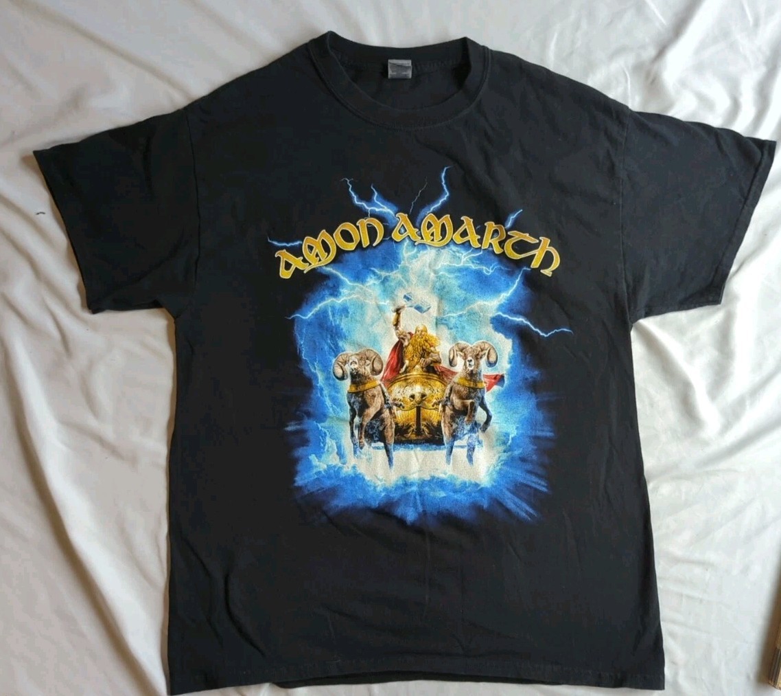 Amon Amarth Band T-Shirt Large Black Thor Let Your Hammer Fly Graphic Gildan Tee gallery