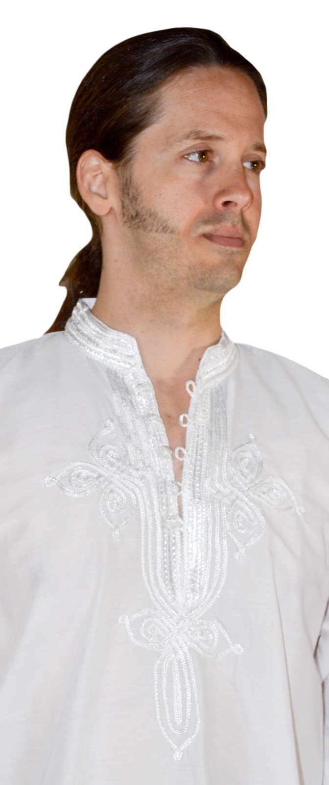 Moroccan Men Tunic Shirt Cafan Casual Handmade Embroidered Cotton X- Large White gallery