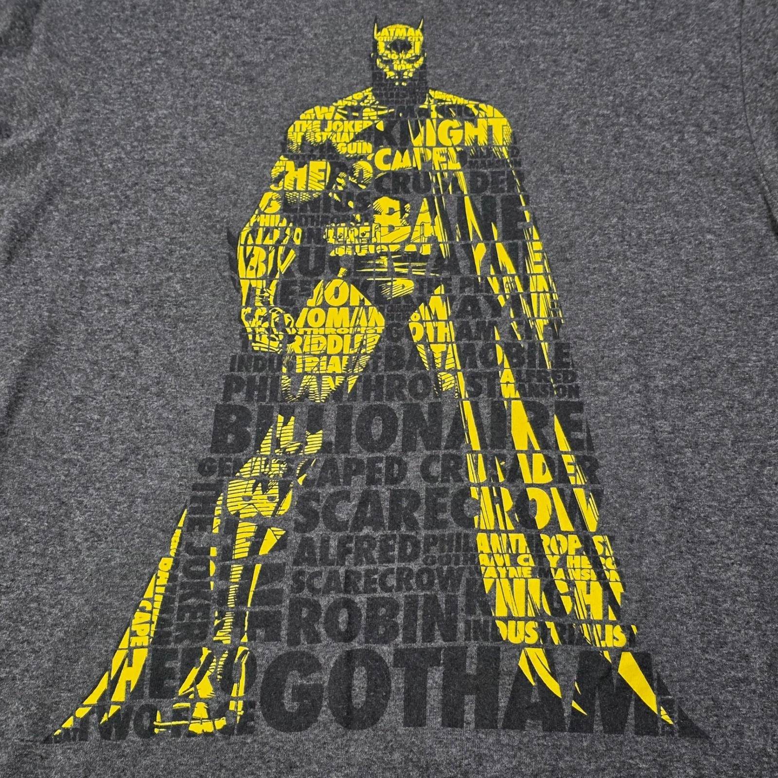 Men's Medium Batman Gotham City Word Art Graphic T-Shirt Gray Yellow Typographic gallery