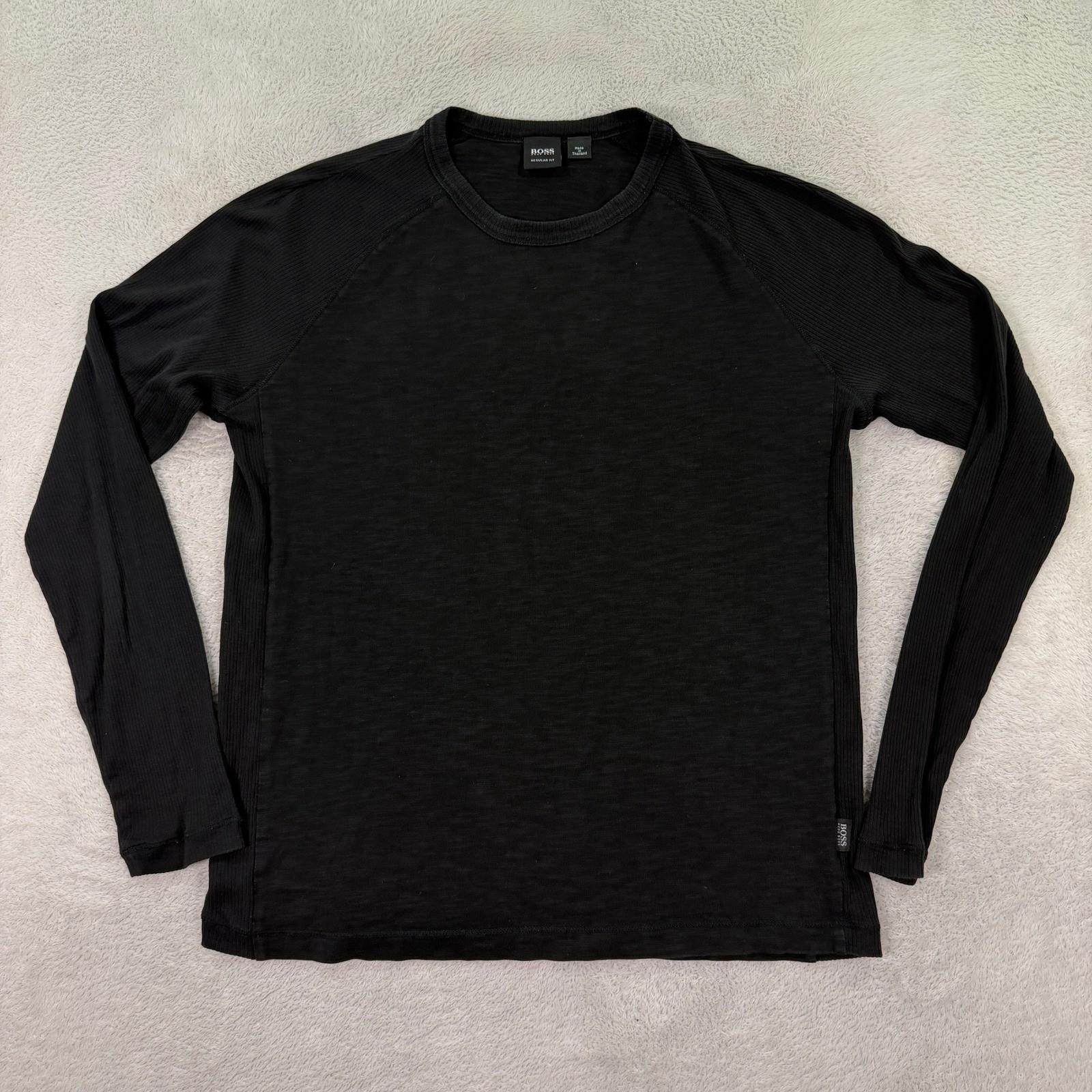 Hugo Boss Mens Large Long Sleeve Shirt Regular Fit Black Slub Knit Raglan Crew gallery