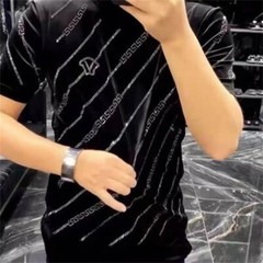 New Men Luxury Velvet Diamond Rhinestones Fashion Black T-Shirt High Quality