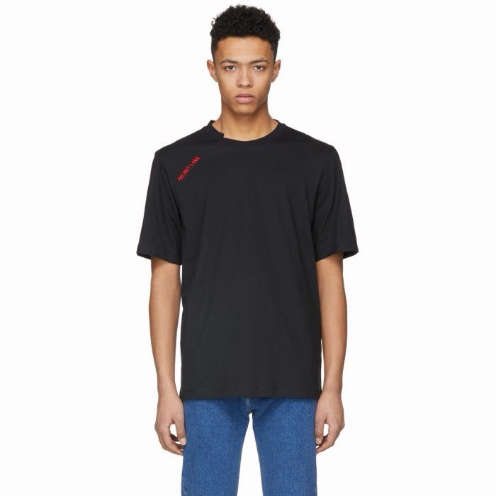 Helmut Lang Black Red Logo Cut Neck T-Shirt Short Sleeve Embroidered Cotton Sz M