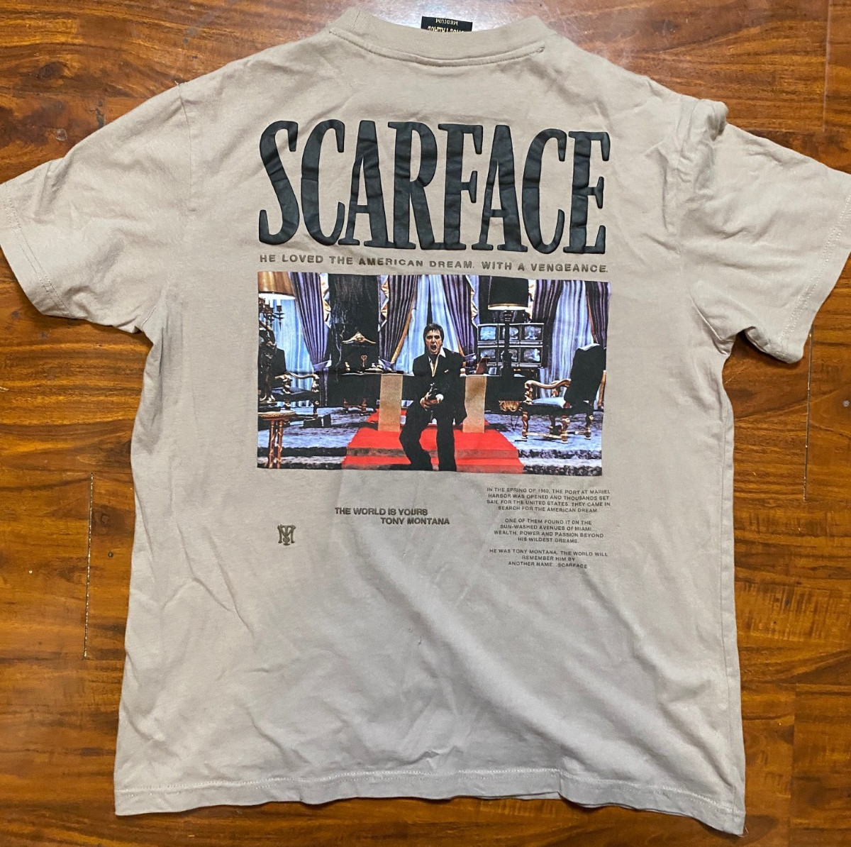 Scarface Shoe Palace X Tony Montana Embroidered Double Sided Beige T Shirt SZ M gallery