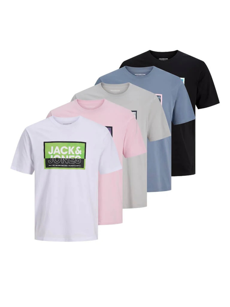 JACK & JONES 5 Pack Printed T-Shirts Crew Neck Cotton Regular Fit