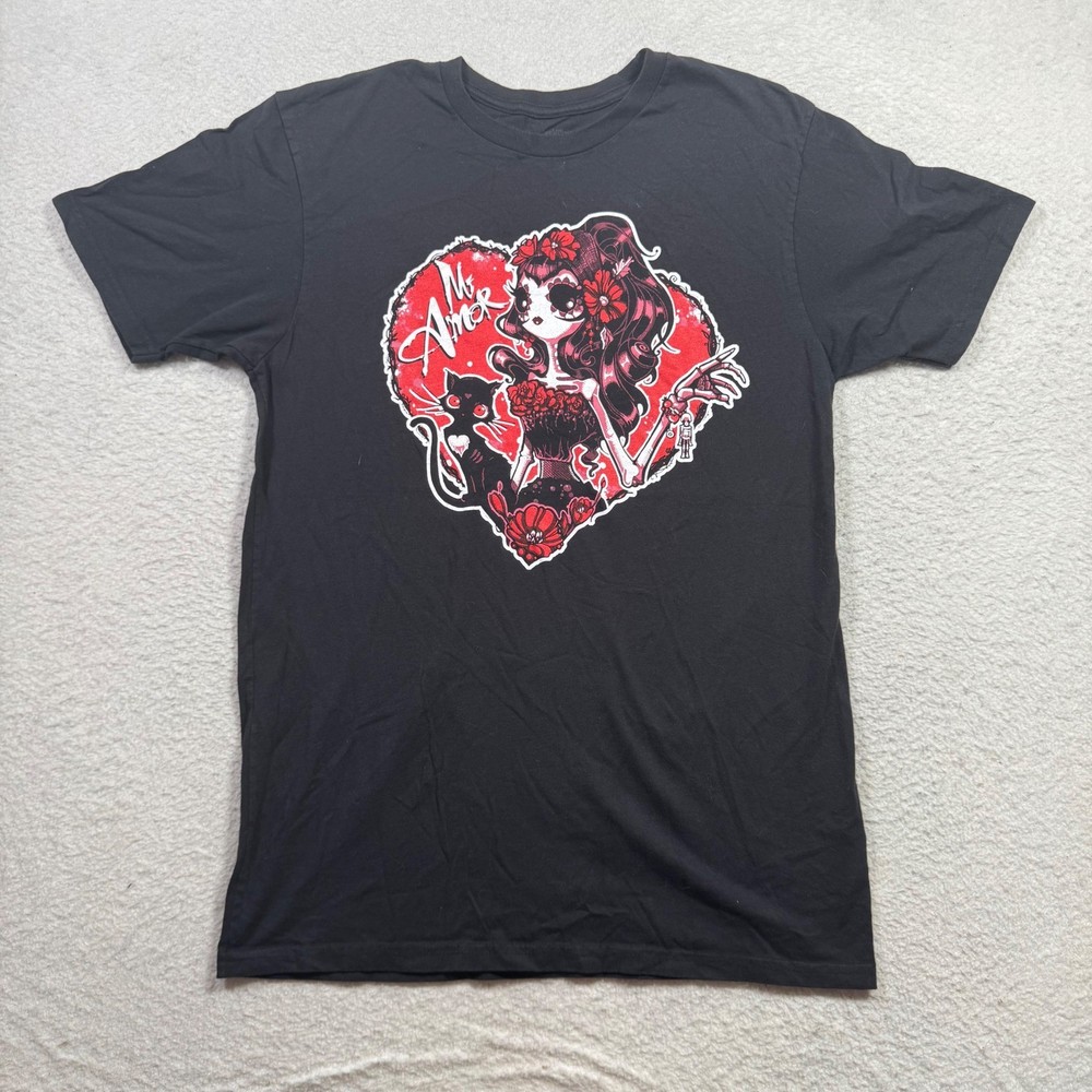TeeVillain Graphic T-Shirt Mens Medium Black Good Mi Amor Sugar Skull Cat