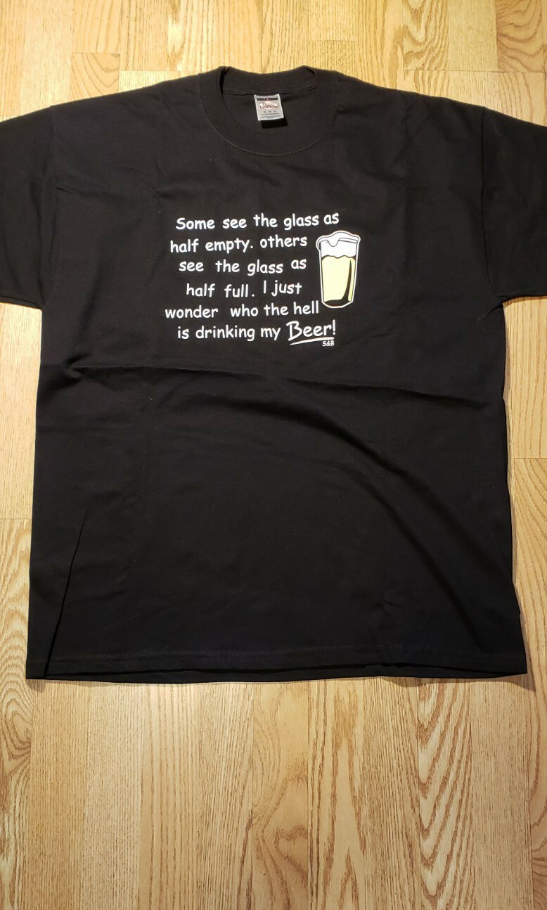 BEER DRINKING Glass half empty Men’s T-Shirt XL Black Short Sleeve Jerzees NICE
