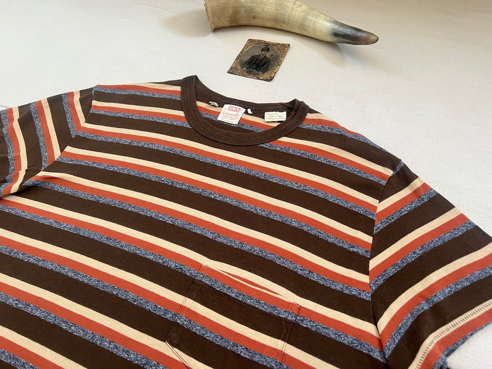 Levis LVC T-Shirt L Stripe 60s Casuals Brown Grey Vintage Clothing Single Stitch gallery