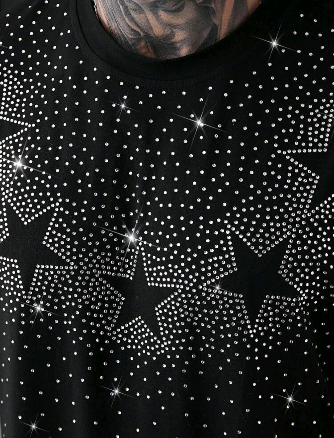 New Men Luxury Diamond Star Rhinestones Fashion Black T-Shirt High Quality gallery