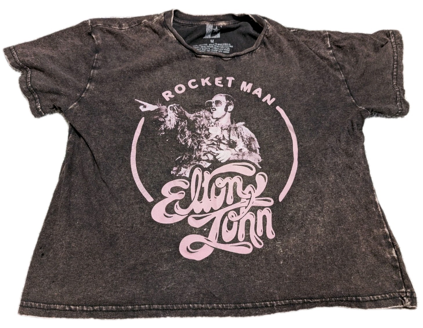 CHASER Women’s High Waisted Vintage Black ROCKET MAN Graphic Cotton Crew Neck M