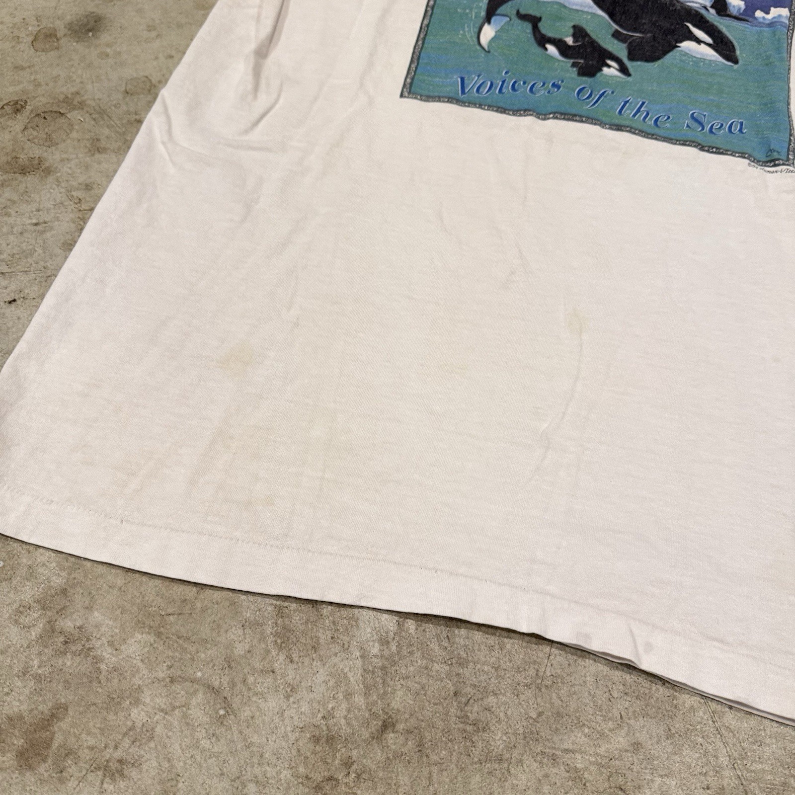 VTG Voices of the Sea Shirt Mens XL White Orca Whale Graphic Ocean 90s *STAINS gallery