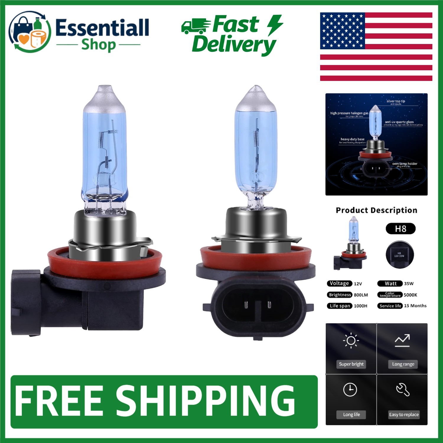 Brighten Your Drive with H8 Halogen Bulbs 5000K, 800 Lumen, Easy Install 2 Pack