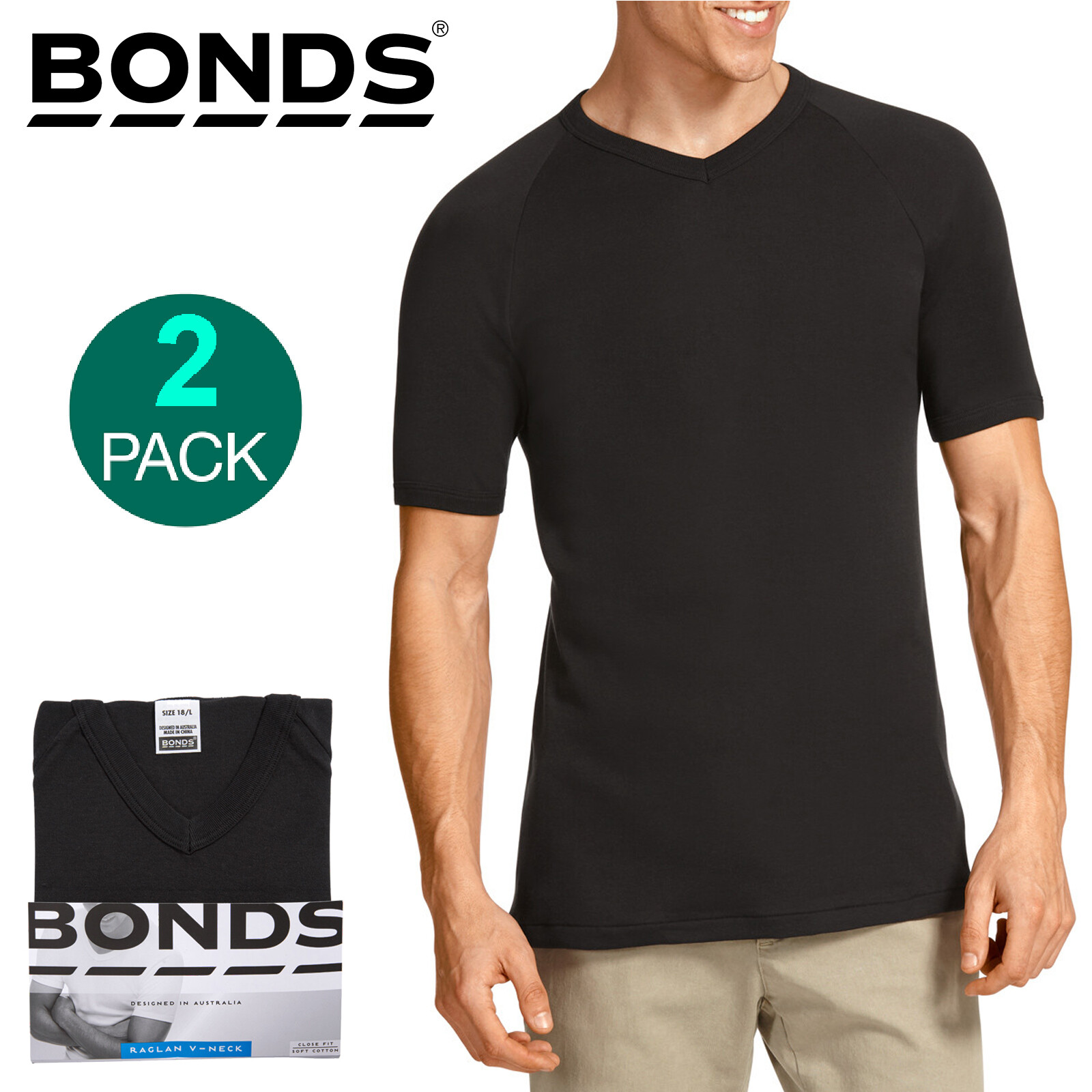 Bonds 2 Pack V Neck Raglan Blank Plain Mens Black T‑shirt Tee Top Soft Cotton