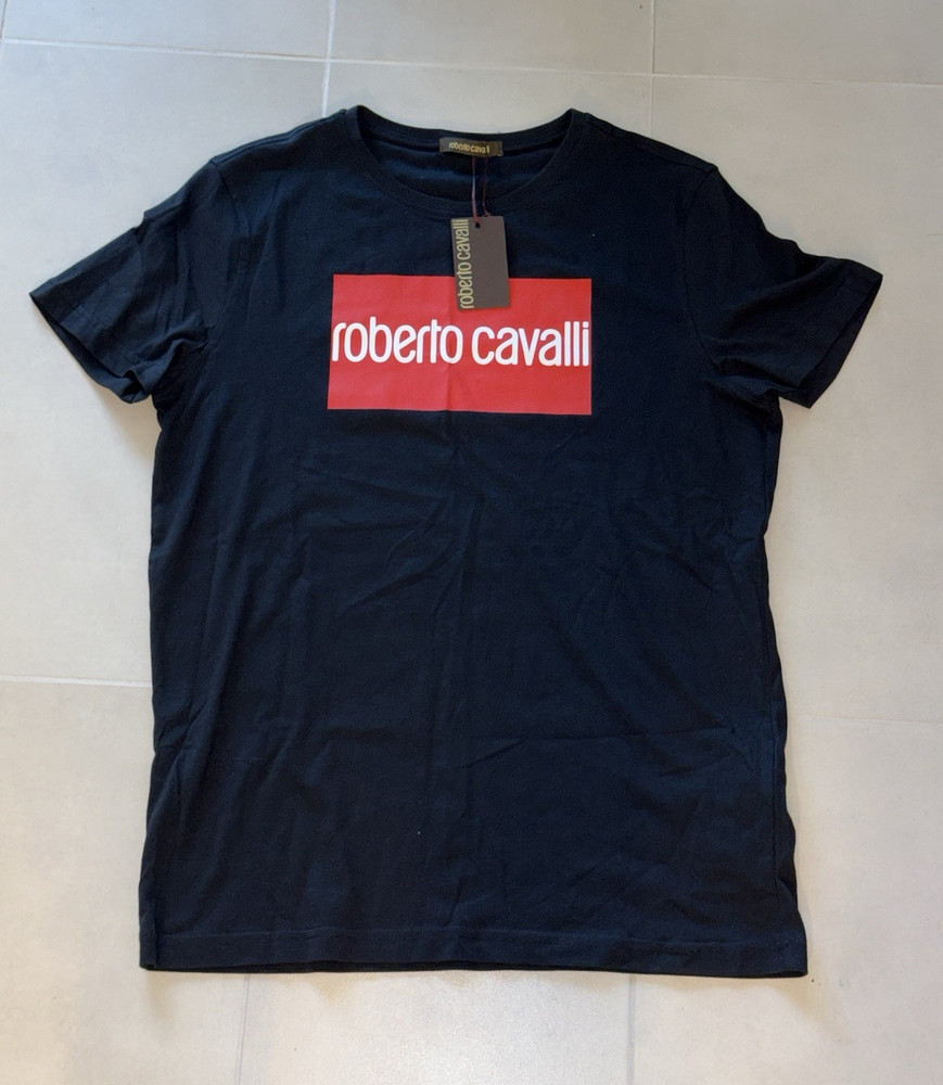 Roberto Cavalli Black with Red Box Logo Cotton T-Shirt Sz XL Slim fit