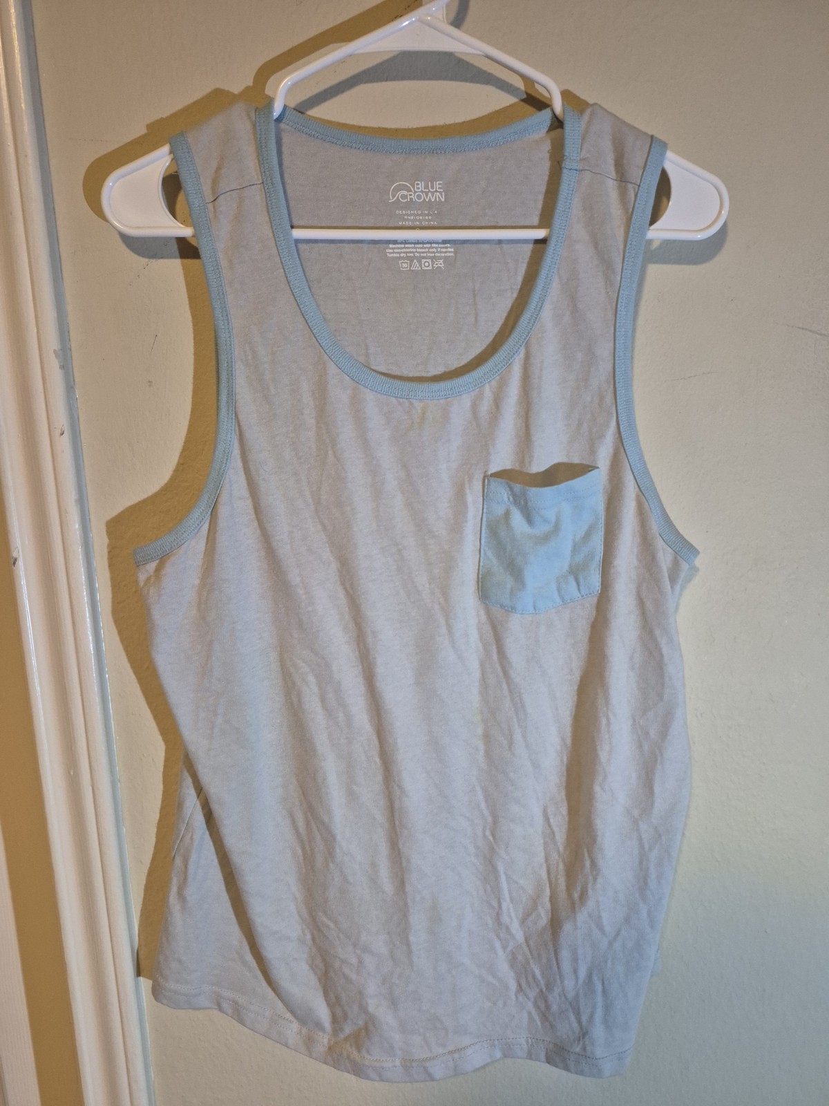 Blue Crown Men’s Gray Tank Top Blue Trim Chest Pocket Solid Scoop Neck T-Shirt S