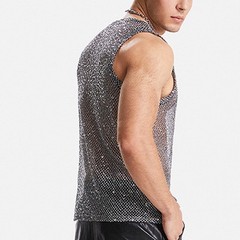 Glitter Sheer See Through Fishnet Tank Top for Men Sexy Mesh Vest Grey