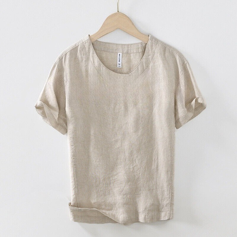 Men 100% Linen V Neck T-shirt Retro Summer Short Sleeves Tops Casual Undershirt gallery