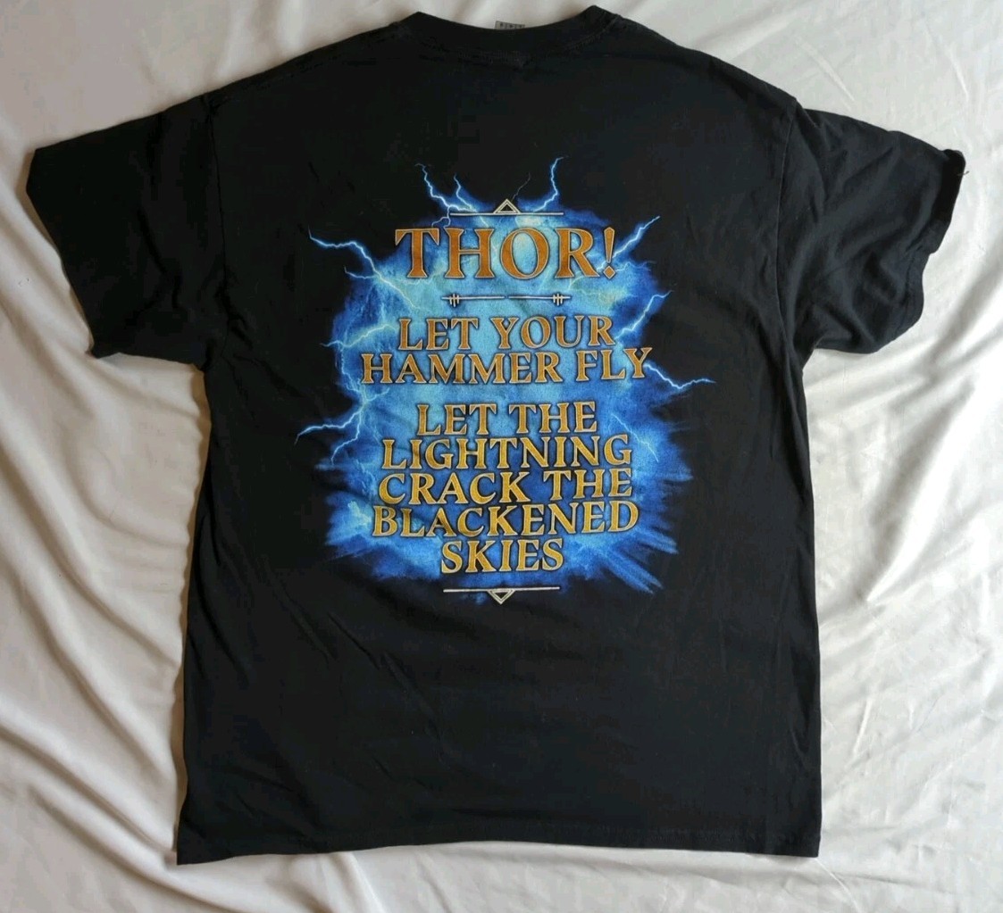 Amon Amarth Band T-Shirt Large Black Thor Let Your Hammer Fly Graphic Gildan Tee gallery