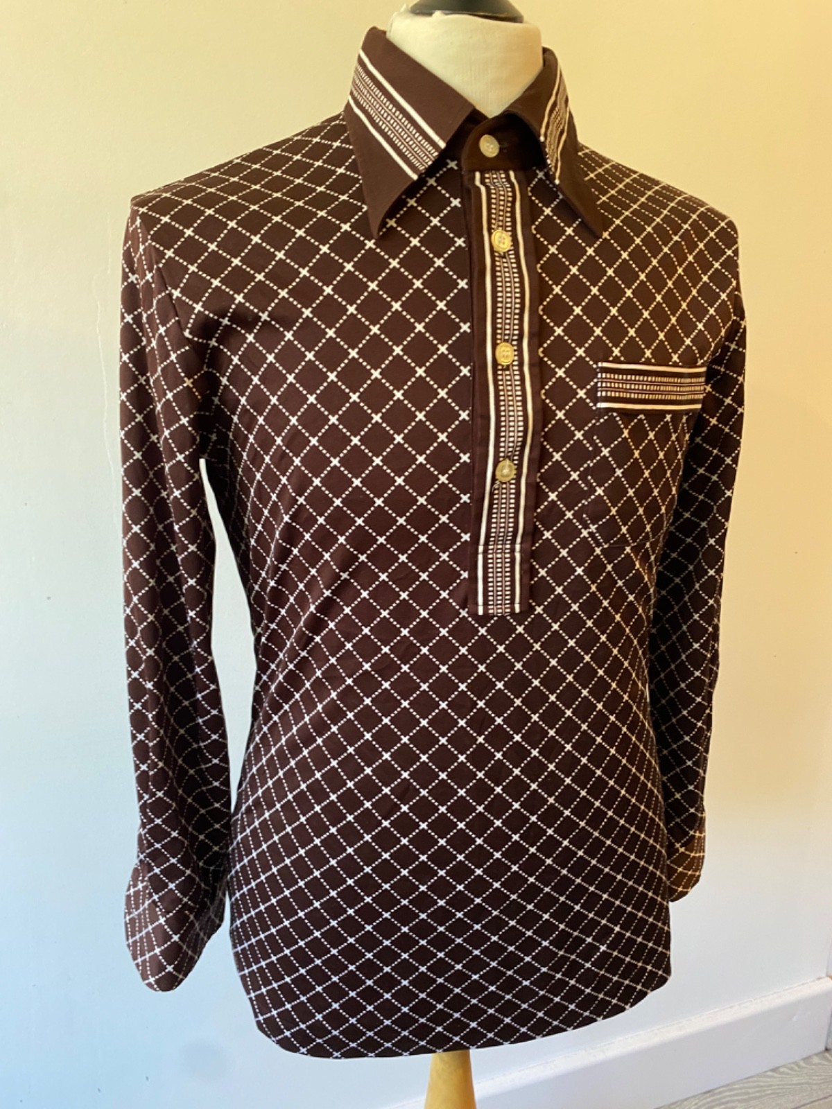 RARE mens 70s Vintage Brown check Dagger Collar Popover long sleeve Shirt 38" gallery