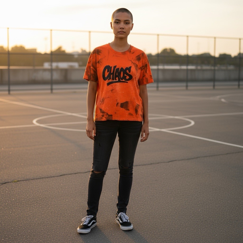 Custom Orange CHAOS Graphic Tee Handmade Spray Effect Shirt Streetwear gallery