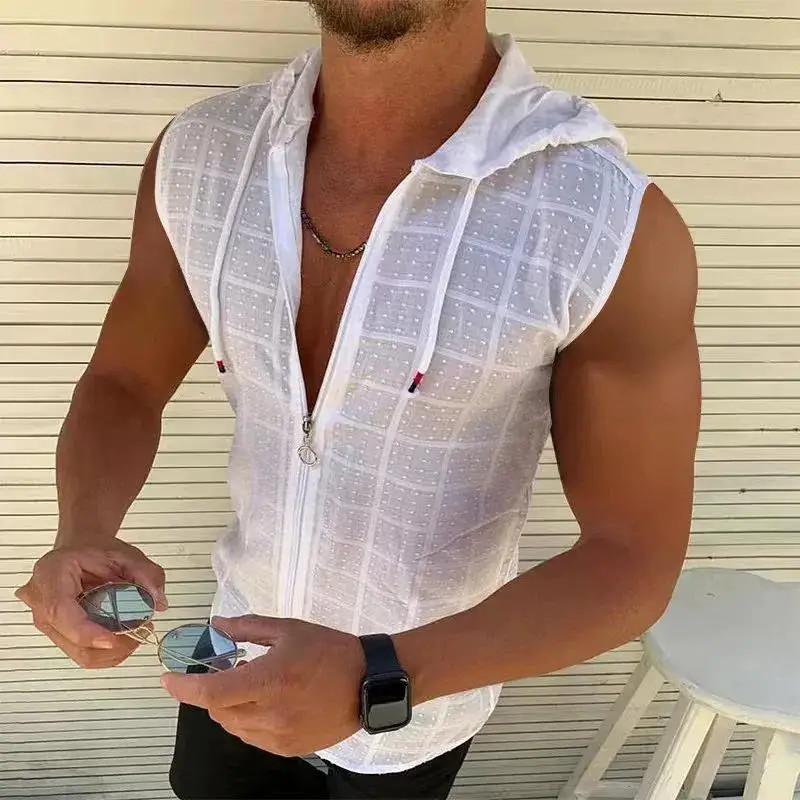 2026 sleeveless hooded zipper cardigan T-shirt for men's summer new fashion gallery