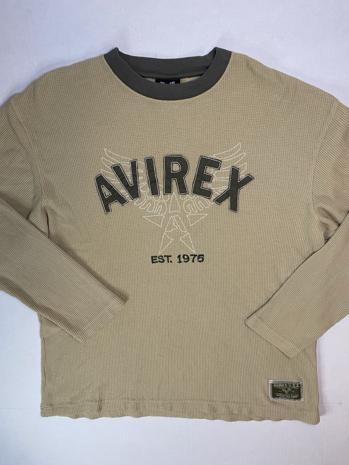 Avirex Waffle Knit Thermal Shirt Mens L Tan Military Logo Long Sleeve Y2K