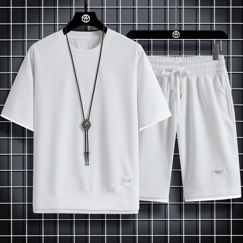 Summer Men's Waffle Sets Casual T-Shirt And Shorts Set Male Sports Suit gallery
