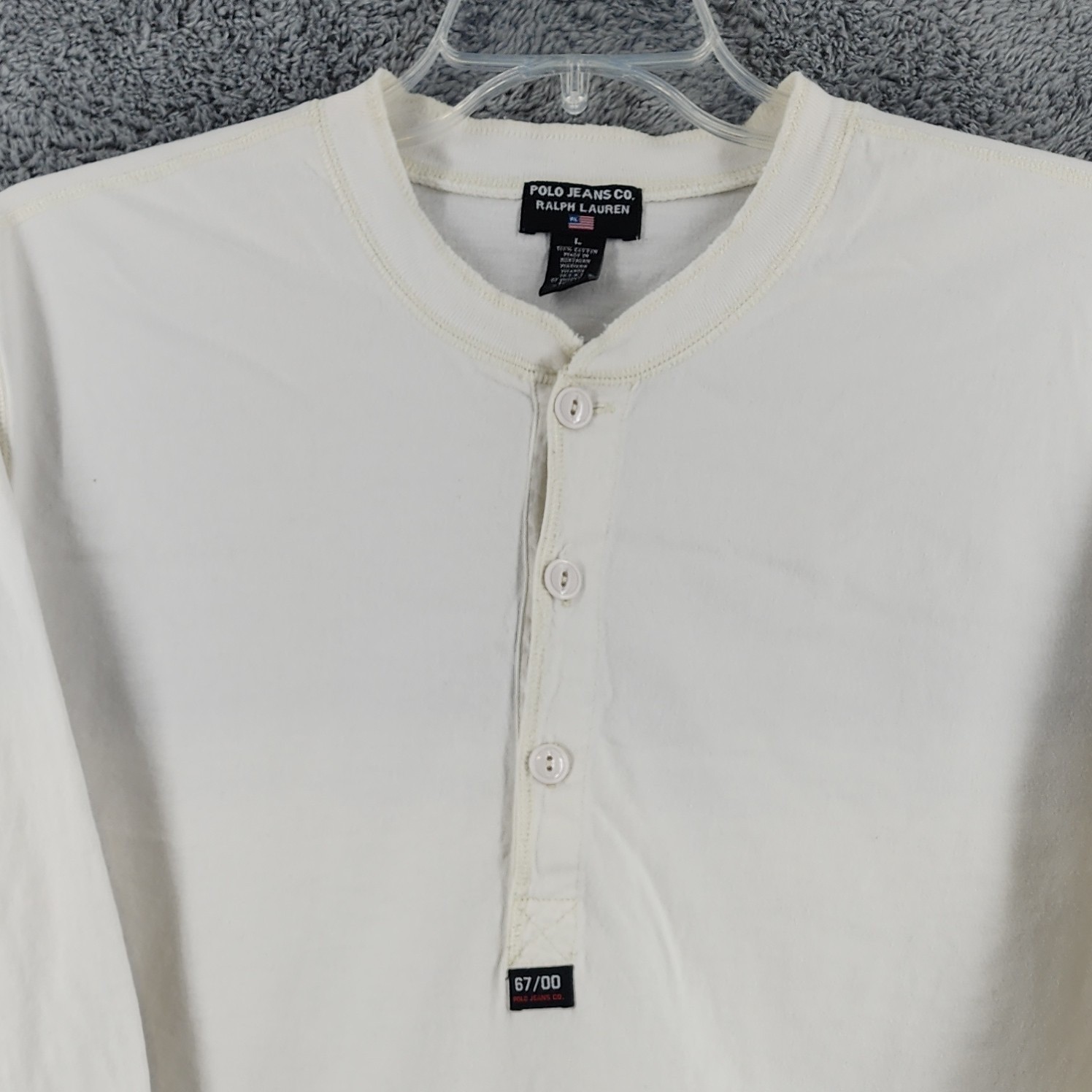 Polo Jeans Co Shirt Mens L Cream Solid Cotton Henley Pullover Extended Cuffs Y2K
