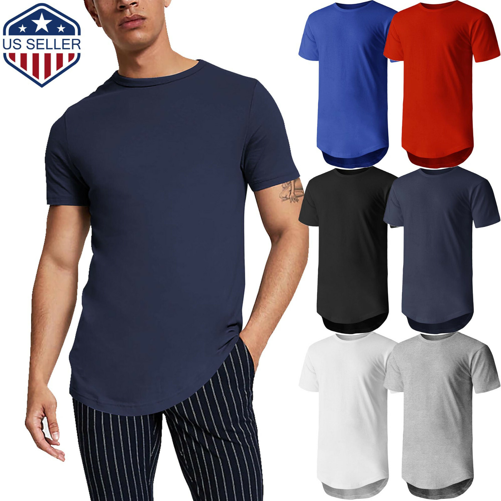 Mens Longline T Shirts HIPSTER Tee Hip Hop Crewneck Casual Basic Cotton Slim Fit gallery