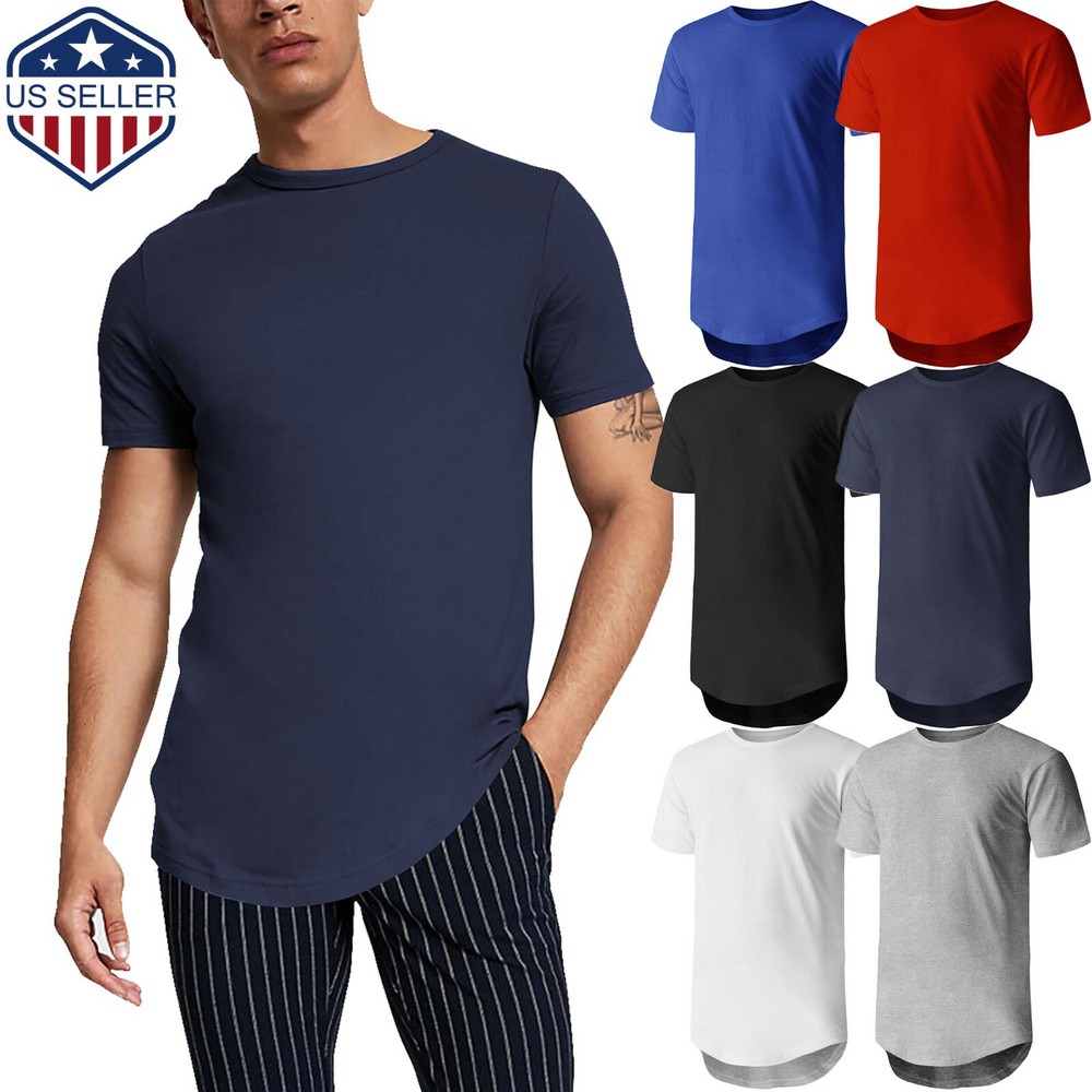 Mens Longline T Shirts HIPSTER Tee Hip Hop Crewneck Casual Basic Cotton Slim Fit