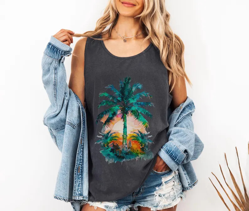 Tropical Palm Tree Sunset Tank Top Beach Vacation Apparel gallery