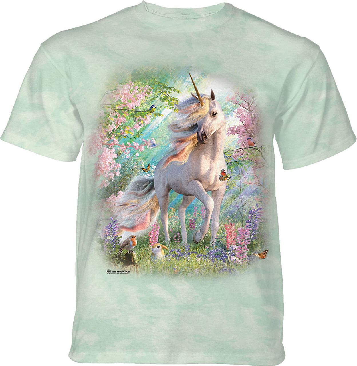 Enchanted Unicorn Blue Horn Rainbow Horse Birds Butterfly T-Shirt Mountain S-3X gallery