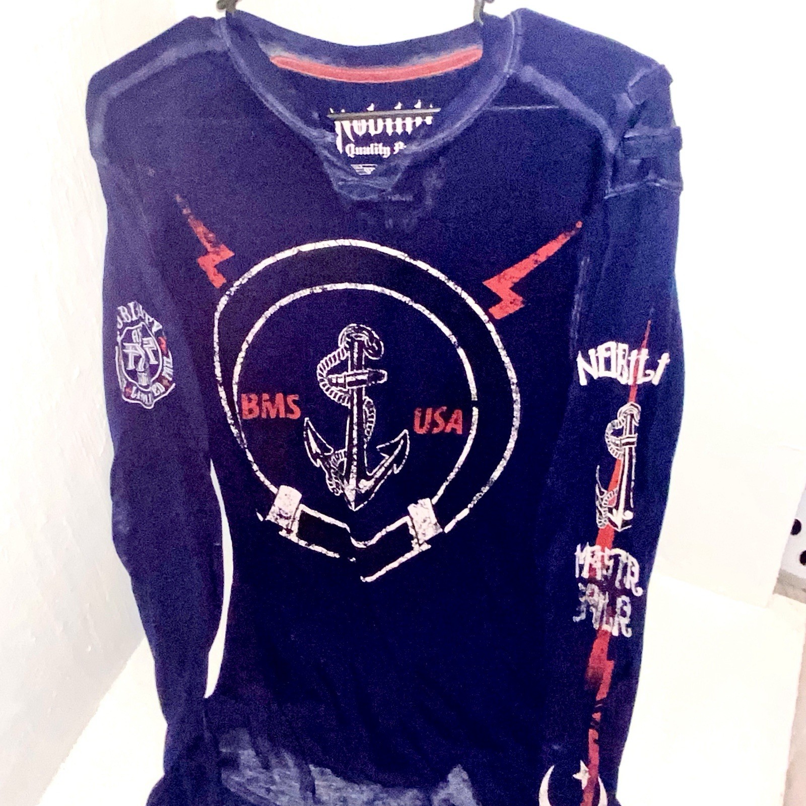 Men’s Sheer Nobility Graphic Long Sleeve Tee In Navy Blue and Crew Neck Size M
