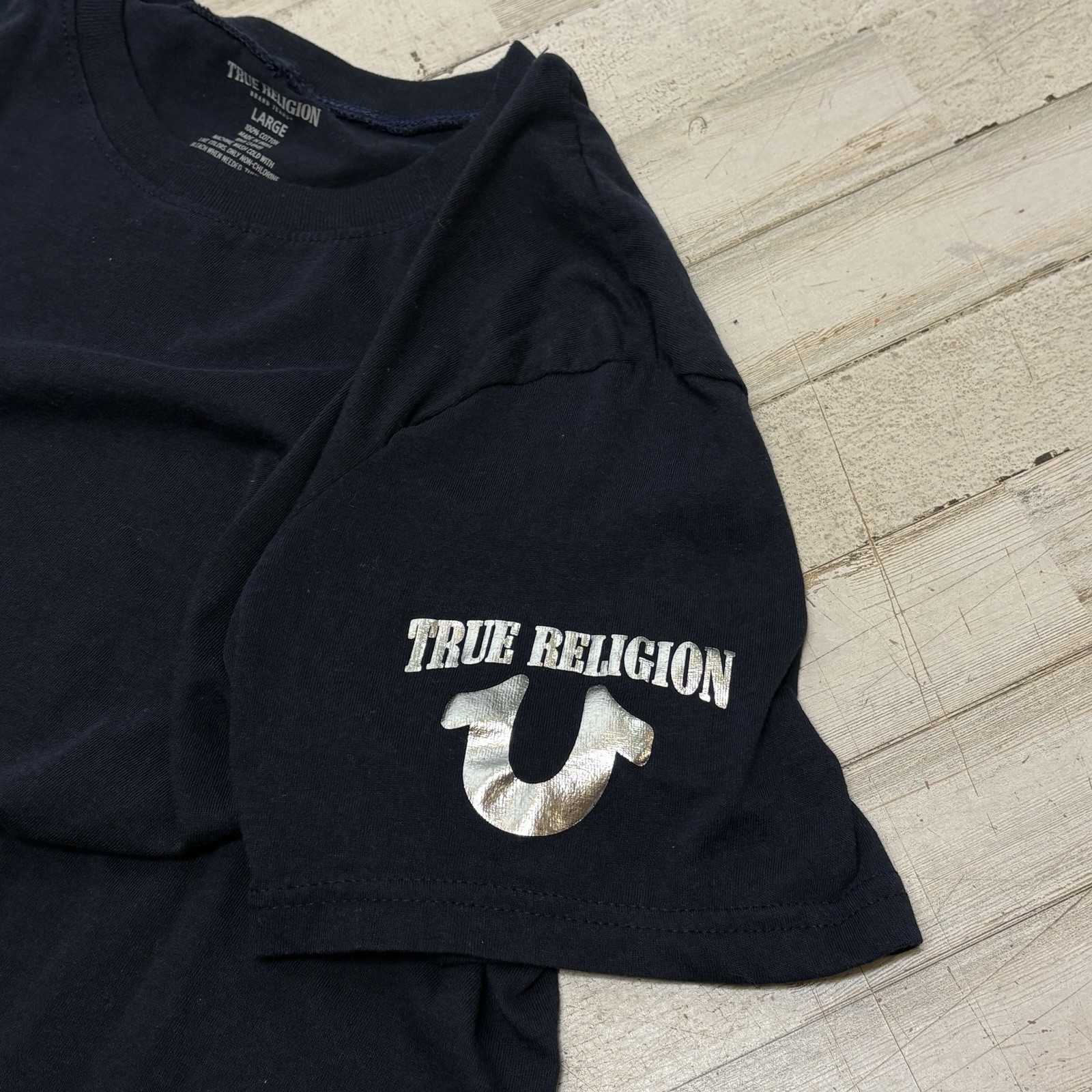 True Religion Black Men's Cotton T-Shirt Size L Silver Graphic Logo Short Sleeve gallery