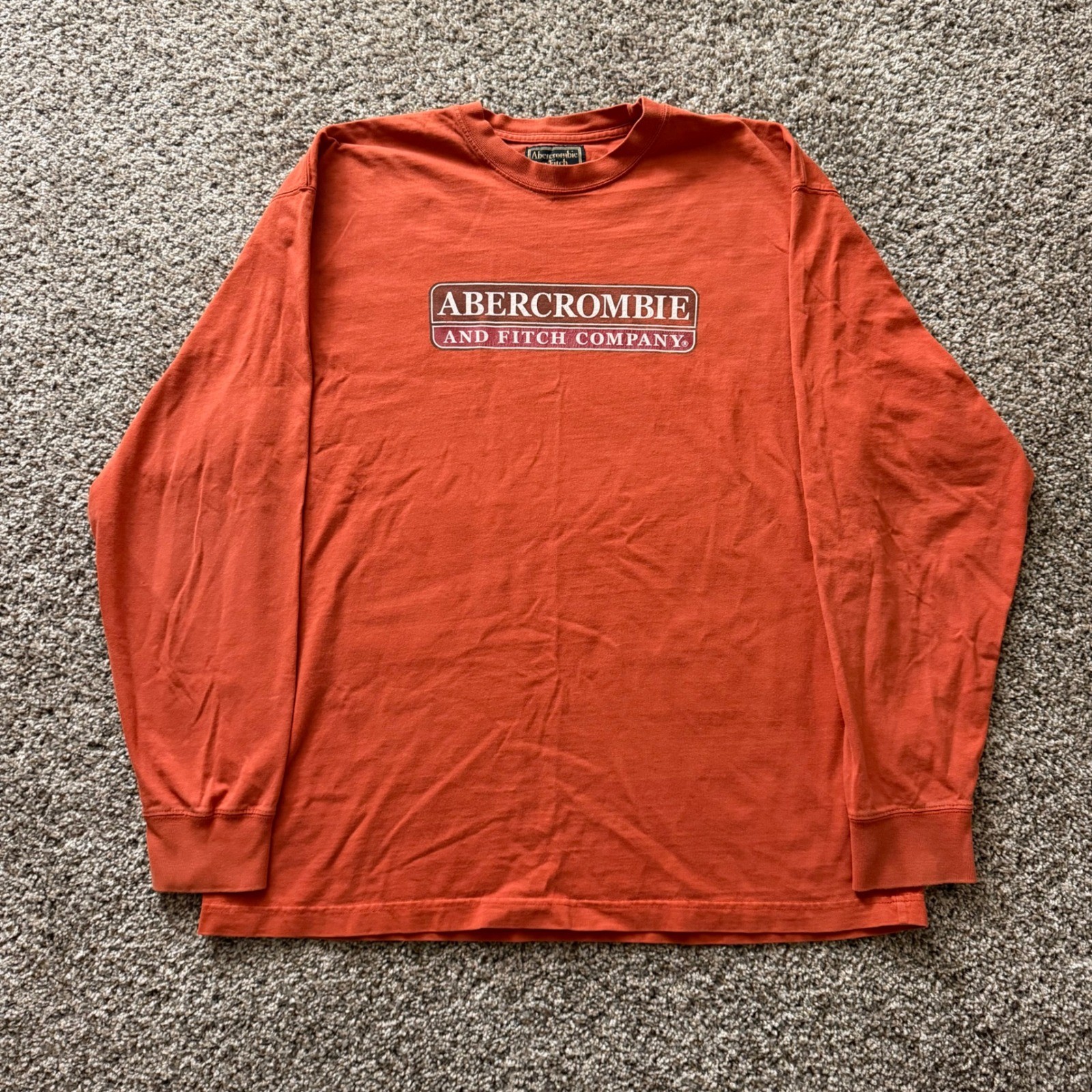 Abercrombie & Fitch Mens XL Long Sleeve Box Logo T-Shirt Orange Vintage Style gallery